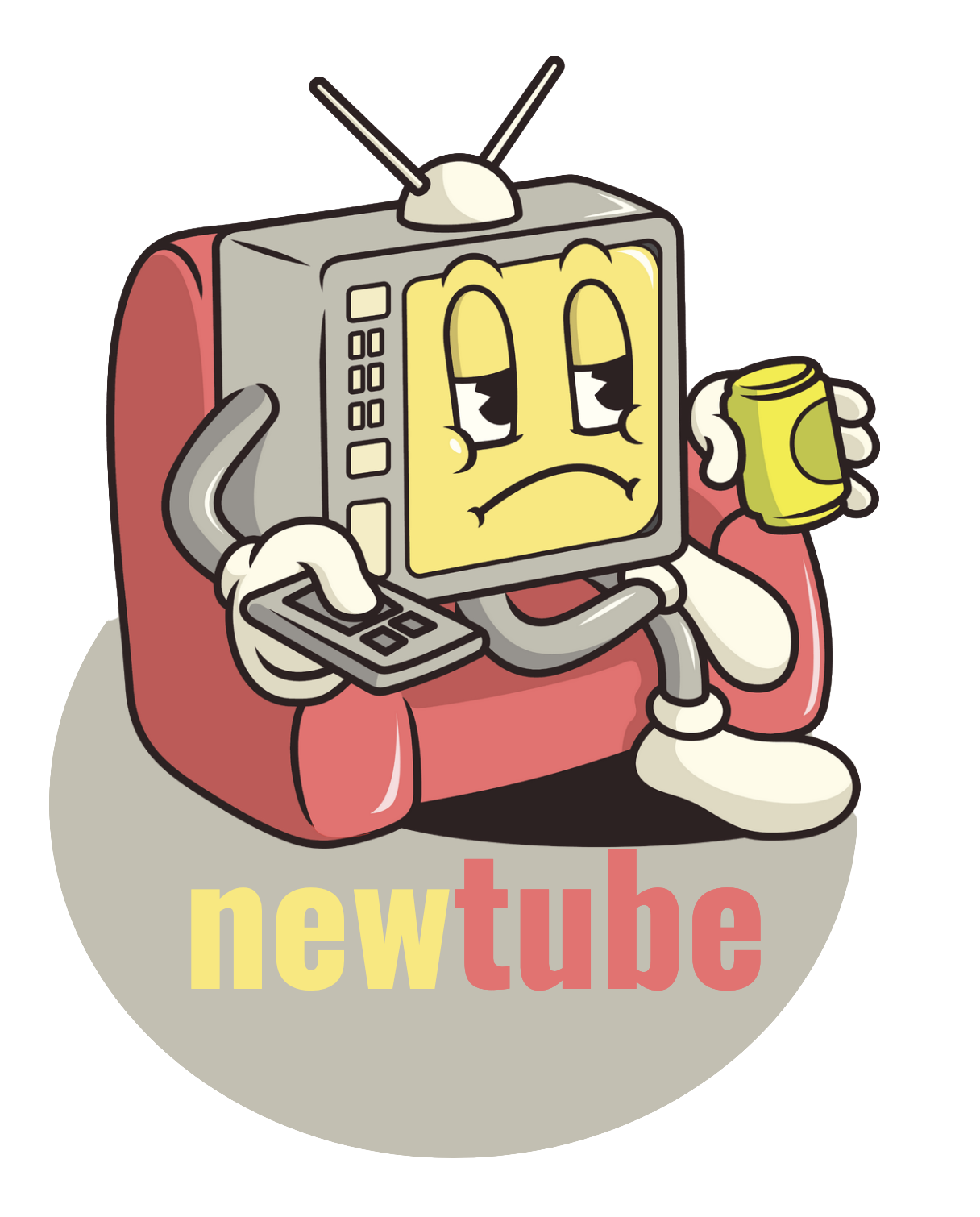 A logo for NewTube, which features a depressed-looking anthropomorphized TV drinking a beer sitting in an easy chair