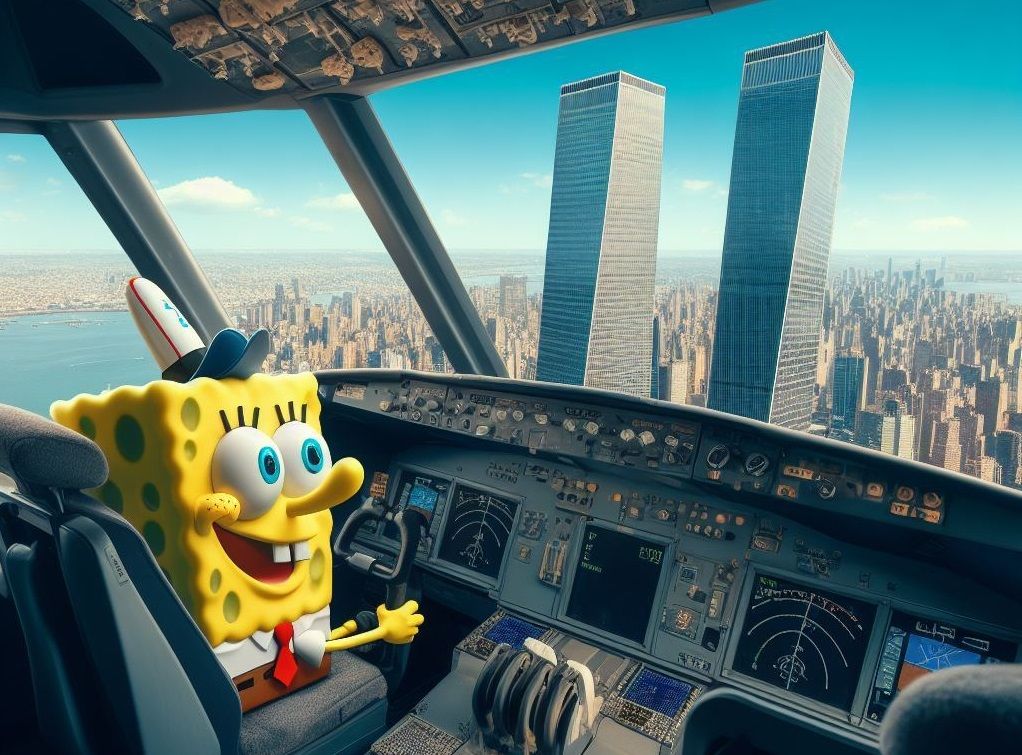 An AI-generated picture of Spongebob Squarepants flying a plane toward the Twin Towers in New York